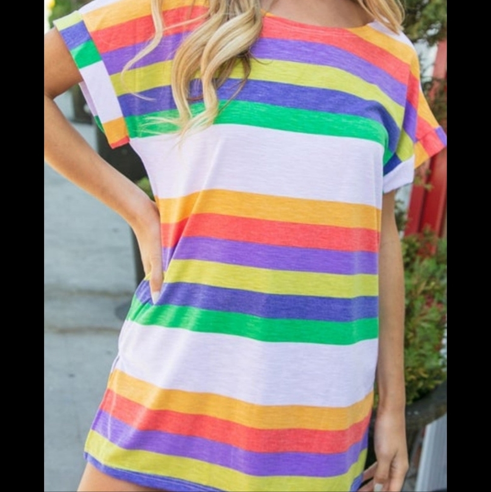 Multicolor stripe round neck cap sleeve top